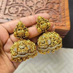 Bridal Temple Jhumkas-Yellow Gold Drop Earrings with Pearl Emerald & Ruby - Product Image 1