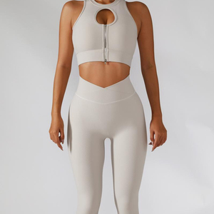 Ensemble de sport côtelé pour femme, legging taille haute et brassière de sport zippée, deux pièces sans couture, pour yoga, gym et fitness - Product Image 5