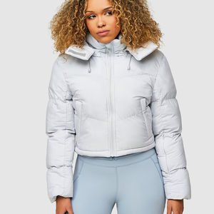 Chaqueta acolchada con capucha Vista para mujer, color gris hielo, personalizada al por mayor, con cremallera completa y diseño de burbujas, transpirable, para invierno. - Product Image 1