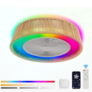 Ventilatore da soffitto LED moderno rustico da 21 pollici con luce RGB, illuminazione d'atmosfera, silenzioso, semi-incasso per camera da letto e soggiorno, design in corda intrecciata - Product Image 5