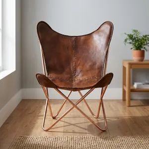 Modern <b>Leather</b> Butterfly <b>Chair</b> Metal Frame Split Back Design Midcentury Style Leisure <b>Chair</b> Living Room Furniture - Product Image 2