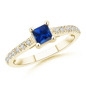 Bague solitaire carrée en or massif 14 carats avec saphir et accents de diamants, bijoux fins faits à la main, personnalisés, bague de fiançailles et de mariage - Product Image 1
