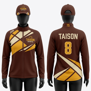 Womens Rugby Training Jacket 320 GSM Poly Cotton <b>Fleece</b> <b>Brown</b> Navy Contrast Panel Embroidery Custom Logo Athletic Fit Wear - Product Image 5