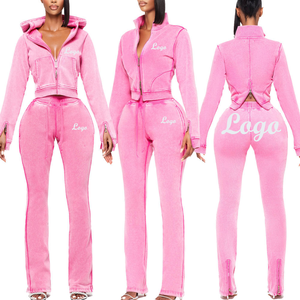 Conjunto Deportivo de Dos Piezas para Mujer de Alta Calidad, Chaqueta Corta con Capucha y Pantalones Acampanados con Lavado Ácido, Elástico en Cuatro Direcciones, Logotipo Personalizado - Product Image 1