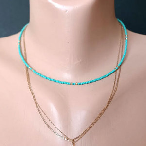 Handmade Turquoise <b>Beaded</b> Necklace <b>Set</b> Gold Accent Layered Choker Boho Adjustable Jewelry Gift - Product Image 4