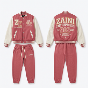 Women Varsity Tracksuit Premium 320 GSM Cotton Polyester Fleece Dusty Rose White Contrast Sleeves Chenille <b>Embroidery</b> Custom - Product Image 1