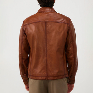 Veste en cuir marron pour homme, col rabattu, fermeture éclair, style décontracté, pour l'automne, manches classiques, couleur unie - Product Image 4