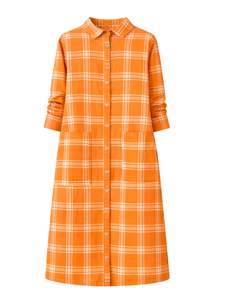 Vestido Camisero Largo a Cuadros Naranja para Mujer, Estilo Casual, con Botones, Manga Larga, Personalizable, Venta al Por Mayor - Product Image 1