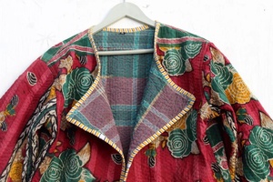 Veste matelassée réversible Kantha pour femmes indiennes faite à la main véritable Patchwork coton tissé longue longueur respirante - Product Image 2