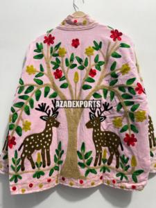 Pink Hand Embroidered <b>Sheep</b> <b>Skin</b> Velvet Breathable Mandarin Collar Full Sleeve Winter Women's <b>Jacket</b> - Product Image 5