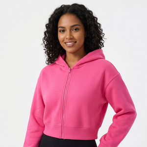 Sudadera con capucha corta para mujer, con cremallera, color liso, logo frontal, informal, primavera, manga larga, forro polar, talla grande, antipilling - Product Image 3