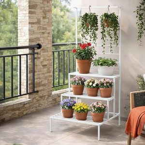 Modern <b>Metal</b> Flower <b>Stand</b> with 3-Tier Shelves and Hanging Hooks for Outdoor Garden <b>Plant</b> Display - Product Image 1