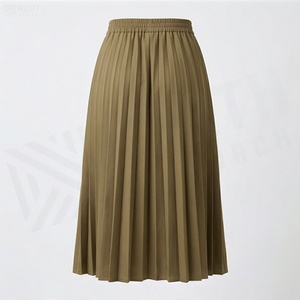 Women Pleated Knee-Length <b>Skirt</b> <b>Elastic</b> <b>Waist</b> Solid Color Polyester Cotton Comfortable All Seasons Style - Product Image 2