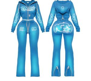 Conjunto de Sudadera con Capucha y Pantalones Acampanados de Moda para Mujer, con Lavado Ácido Personalizado, Manga Larga, Chaqueta con Cremallera y Pantalones Acampanados, Conjunto de Dos Piezas para Descansar - Product Image 3