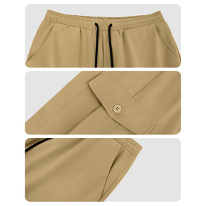 Pantalones Cargo Color Caqui para Hombre, Cintura Elástica con Cordón, Múltiples Bolsillos, Corte Recto Informal, Pantalones de Lona de Peso Medio para Otoño - Product Image 5