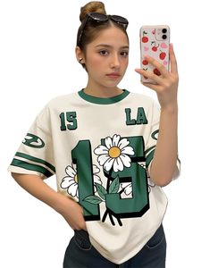 เสื้อยืดโอเวอร์ไซส์ผ้าฝ้ายสำหรับผู้หญิง, เสื้อยืดผู้หญิงพิมพ์ลายทรงหลวม, ผ้าฝ้ายเนื้อนุ่ม, เสื้อลำลองคอกลมแขนสั้น - Product Image 3