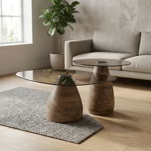 Modern Round Coffee <b>Table</b> With Tempered Glass Top And Wooden Base <b>Nesting</b> Design Living Room Furniture - Product Image 5