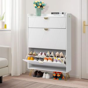 FCH White Particle Board Shoe Cabinet 80*24*120cm V Shaped Carved Door Panel with 2 Top Flip Drawers and Gold Accent - Product Image 1