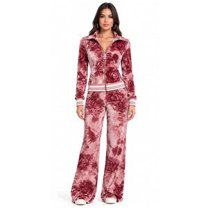 <b>Women's</b> Pink <b>Velvet</b> Floral <b>Tracksuit</b> Set Long Sleeve Zip Up Jacket Flared Pants Casual Two Piece Outfit <b>Women</b> <b>Velvet</b> <b>Tracksuit</b> - Product Image 5