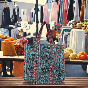 Bolsos Tote Jaipuri Indios Tradicionales, Elegantes y Bohemios, de Color Azul Cielo, de Algodón, con Cierre de Cremallera y Acolchado - Product Image 1