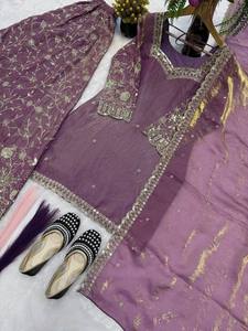 Traditional Indian Pakistani Women's Purple <b>Silk</b> <b>Kurta</b> Set With Floral Embroidery Floor-Length Wedding Wear Regular Fit - Product Image 3