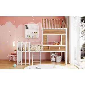Letto a soppalco in metallo bianco per bambini, con finestra sul tetto, ringhiera di protezione e scaletta - Product Image 4