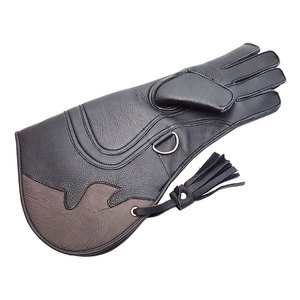 Gants de fauconnerie en cuir noir, longs, avec pompon, durables, pour la chasse et la manipulation, utilisables en toutes saisons - Product Image 3