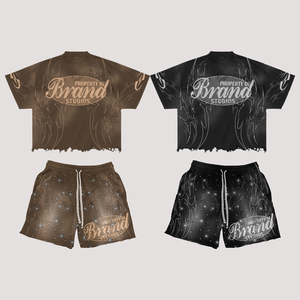 Custom Men's Acid Wash Oversized T-Shirt Shorts Set Vintage Style 100% Cotton <b>Distressed</b> Sun Faded Rhinestone Printed Short Sets - Product Image 5