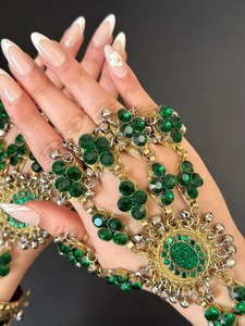Ensemble de bijoux pour femmes en cristal vert plaqué or vintage, bracelet floral et bagues pour les doigts, bijoux de mode pour mariage - Product Image 4