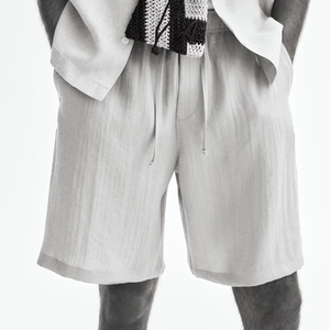 Shorts en lin beige pour homme, taille mi-haute, cordon de serrage, tissu tissé décontracté, style été - Product Image 5