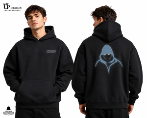 Sweat-shirt à capuche noir surdimensionné personnalisé, style streetwear, avec impression graphique d'une silhouette mystérieuse lumineuse, pour hommes et femmes - Product Image 5