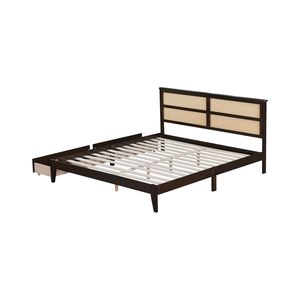 Letto King-Size in Legno Espresso con Testiera in Rattan, Supporto Migliorato e Due Cassetti Contenitori - Product Image 1