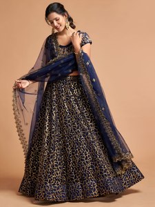 Navy Blue Thread Embroidered Net A-Line <b>Lehenga</b> Choli Semi-Stitched Polyester/Cotton Party Wedding Outfit with Dupatta - Product Image 5