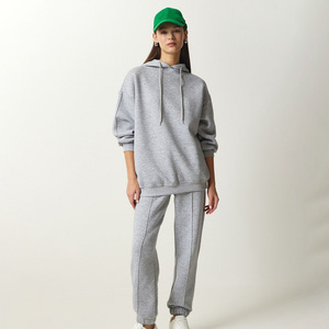 <b>Women</b> Gray Hooded Sweatshirt <b>Jogger</b> Pants Two Piece Eco-Friendly 100% Cotton Tracksuit Set Casual Lounge Wear Matching Outfit - Product Image 1