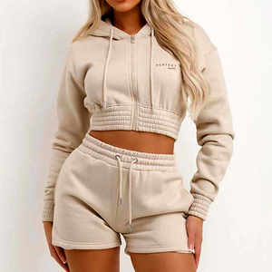 Conjunto Deportivo para Mujer, Verano, Paneles en Contraste, Sudadera con Cremallera y Pantalones Cortos, Colores Sólidos Personalizados, Bordado Frontal - Product Image 6