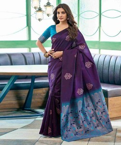 <b>Purple</b> Silk <b>Saree</b> With Blue Border Traditional Indian Wedding Wear For Women Floor-Length Regular Fit Wrinkle Free - Product Image 1