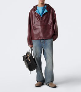 Unisex <b>Burgundy</b> PU <b>Leather</b> <b>Jacket</b> with Front Pocket and Drawstring Waist Hip Hop Woolen Winter Wear OEM ODM - Product Image 2