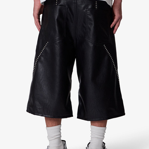 Men's Black PU Leather Capri <b>Shorts</b> With Rivet <b>Decoration</b> Gothic Style Mid Waist Elastic Closure - Product Image 4