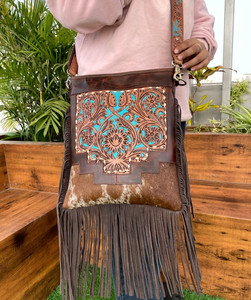 Western Style Hand <b>Tooled</b> Cowhide <b>Leather</b> Crossbody Handbag with Fringes Fashion Designer Luxury Shoulder Bags for Women - Product Image 2