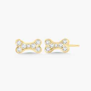 Boucles d'oreilles clous en forme d'os de chien en or massif 10K 14K avec diamant de laboratoire rond, fermoir poussoir, minimalistes, délicates et élégantes, pour les amoureux des animaux, vente en gros - Product Image 1
