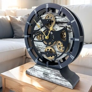 Horloge de bureau artisanale en bois d'acajou avec engrenages en laiton - Horloge steampunk en gros - Product Image 2