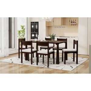 Set da Pranzo Retrò TREXM 7 Pezzi per 6 Persone, Tavolo in Legno con Sedie Imbottite, Set per Cucina e Sala da Pranzo (Es) - Product Image 1