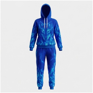 Ensemble de survêtement unisexe à capuche avec imprimé flamme de loup bleu, pantalon de survêtement décontracté long et veste, vêtements d'automne en polyester respirant - Product Image 1