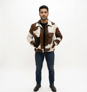 Men's Cowhide Leather Jacket Animal Print Turn-down Collar Casual Winter Thick Regular Fit Single Breasted Faux <b>Fur</b> Lining - Product Image 1