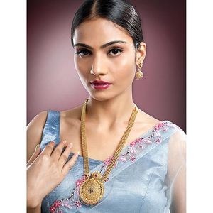 Conjunto de Collar y Pendientes de Aleación Chapada en Oro Indio, Joyería de Boda para Mujer, Diseño Rani Haar, Patrón Floral, Estilo Clásico - Product Image 5