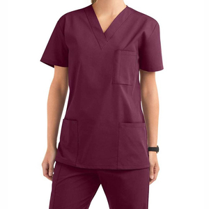 Women <b>Scrub</b> <b>Top</b> V-Neck Short Sleeve Burgundy Cotton Polyester Hospital Uniform Nurse Wear - Product Image 5