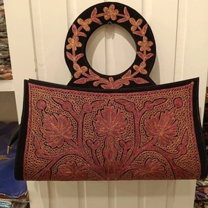 Kashmiri Sozni Embroidery <b>Clutch</b> <b>Bag</b> <b>Black</b> <b>Suede</b> with Crimson & Gold Tilla Work Ring Handle - Product Image 5