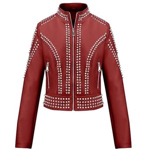 Women Studded Leather <b>Jacket</b> Black Motorcycle Biker <b>Punk</b> Style PU Genuine Leather <b>Jacket</b> OEM Custom Wholesale Supplier - Product Image 3