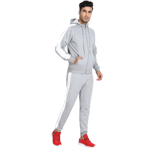 Ensemble de survêtement pour homme à capuche gris, manches longues, fermeture éclair, pantalon de jogging décontracté avec poches latérales, mélange respirant de polyester et de coton - Product Image 5