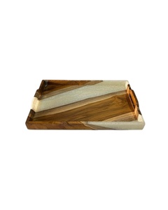 Plateau de service rectangulaire décoratif en bois de teck fait main avec résine époxy blanche, plateau à charcuterie pour la cuisine et la salle à manger - Product Image 1